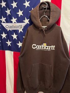 ★Carhartt★カーハート★スウェットパーカー★裏起毛★プルオーバー★フード★フーディー★プリントロゴ★ブラウン★茶色★Lサイズ★