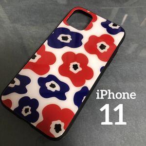 iPhone11ケース 強化ガラス北欧花柄　レッド　ネイビー　管理ネイビ1