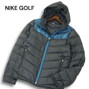 NIKE GOLF ナイキ ゴルフ 秋冬 切替★ ロゴ フーディー ダウン ジャケット Sz.M　メンズ グレー　A4T11917_B#N