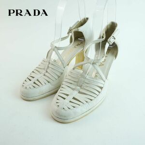 PRADA プラダ 22.5 パンプス イタリア製 ヒール アンクルストラップ レザー 白 ホワイト/MC86