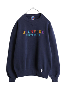 90s USA製 カレッジ ロゴ 刺繍 スウェット メンズ レディース S / 古着 90年代 オールド RUSSELL 前V トレーナー 裏起毛 クルーネック 紺