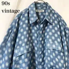 ★90s vintage ドット柄 L/S ポリシャツ 比翼ボタン 皺加工