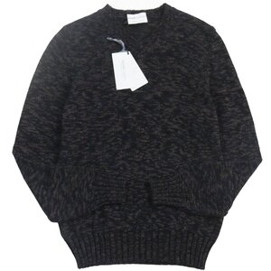 未使用品●Settefili Cashmere セッテフィーリ カシミア リネン コットン 総柄 Vネック セーター ニット ブラック 46 伊製 正規品 メンズ