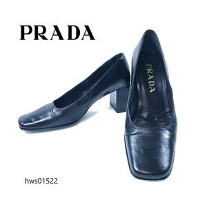 PRADA パンプス スクエアトゥ 35 ブラック チャンキーヒール プラダ レディース リフト交換済み hws01522