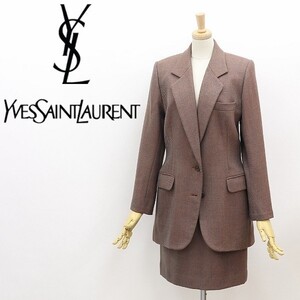 ヴィンテージ◆Yves Saint Laurent イヴサンローラン カシミヤ混 ヘリンボーン ウール 2釦 ジャケット＆スカート スーツ セットアップ S/M