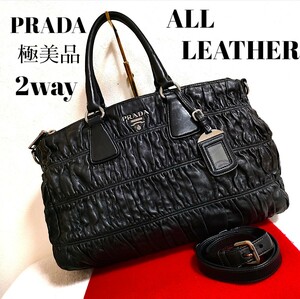 極美品 PRADA 2way オールレザー ギャザー レザー ブラック ハンドバッグ ショルダーバッグ トートバッグ プラダ 斜め掛け 美品