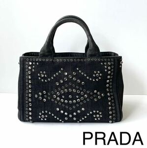 【良品】PRADA プラダ　ミニ トートバッグ　カナパ　ビジュー　Sサイズ　黒