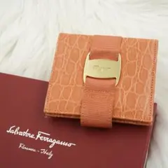 極美品　Salvatore Ferragamo 折り財布　ヴァラリボン　オレンジ