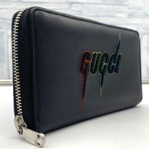 超希少●入手困難●GUCCI グッチ 長財布 ラウンドファスナー ジップ エンブリロイダリー オールレザー 刺繍 ブラック ビジネス メンズ 1円