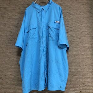 コロンビア 半袖シャツ　ワンポイントロゴ　PFG　水色　4X　ワークシャツ26 古着　入手困難　激レア　希少 人気　ビッグサイズ　ゆるだぼ