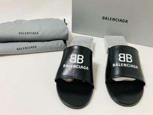 新品《 BALENCIAGA バレンシアガ 》 ロゴ プリント ボックス サンダル 38.5 ブラック ラムレザー ミュール スリッパ パンプス ヒール