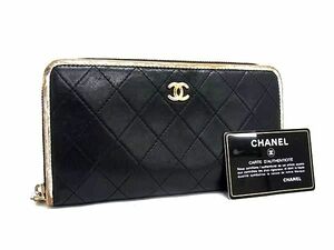 1円 CHANEL シャネル ココマーク マトラッセ ラムスキン ラウンドファスナー 長財布 ウォレット ブラック系×シルバー系 FF1985