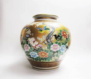 《ジャムルK》 khc0618-77◆◆ 九谷焼　仲田錦玉　金彩　色絵　花鳥図　花瓶　花器　花入　花生　共箱　高：30.5㎝