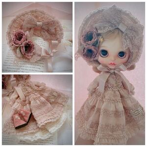 Blythe outfit No. 271くすみピンクドレス 薔薇刺繍 ネオブライス オビツ22 ピュアニーモs アウトフィット