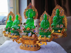 清代　純銀鍍金　龍石種帝王緑翡翠の五方仏像セット