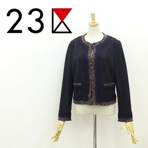 新品◆23区 ウール×ミックスツイード グラデーション 切替 ノーカラー ジャケット 黒 ブラック 40