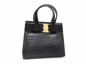 1円 ■美品■ Salvatore Ferragamo フェラガモ ヴァラリボン クロコダイル型押しレザー×キャンバス ハンドバッグ ブラック系 FA8469