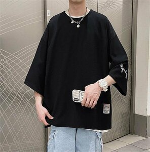 夏服 トップス 7分袖 Tシャツ 大きいサイズ メンズ おしゃれ 七分丈tシャツ 40代 50代 アメカジ ブラック 3XL