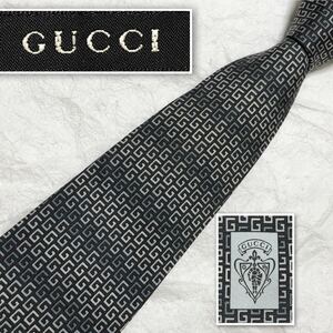 ■良品■GUCCI グッチ　ネクタイ　ボーダー　Gマーク総柄　シルク100% イタリア製　グレー