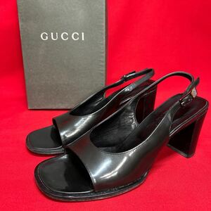 ★美品★37.5★GUCCI イタリア製 グッチ 本革 ヒール サンダル オープントゥ 24.5cm レディース 婦人 靴 シューズ BLACK 高さ約8cm(08316A