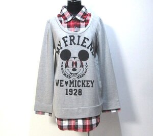 F【DiSNEY 】MY FRIEND WE MICKEY・グレーにチェック柄シャツ・長袖・重ね着風チュニック・Lサイズ!