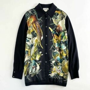 49c6 《美品》 HERMES エルメス バードプリント シルクニットシャツ 40 ブラック SILK100％ カシミヤ混 フランス製