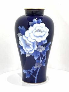 美品 乃りたけ ノリタケ 花瓶 壺 花器 花生 フラワーベース 花柄 牡丹 金彩 陶器 和食器 高さ29cm 青 ブルー のりたけ Noritake 送料無料 