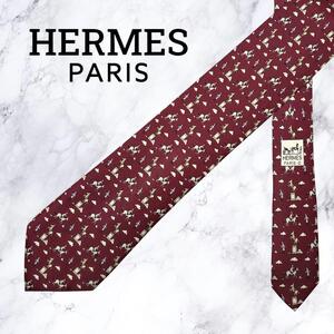 【極美品・送料無料】HERMES エルメス ネクタイ 馬柄 高級感 ワインレッド シルク