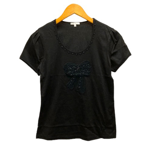 トゥービーシック TO BE CHIC Tシャツ カットソー クルーネック コットン ビーズ装飾 半袖 2 黒 ブラック レディース