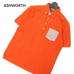 ASHWORTH アシュワース 春夏 ロゴ刺繍★ ストライプ使い 半袖 鹿の子 ボタンダウン ポロシャツ Sz.M　メンズ ゴルフ　C4T05274_5#D