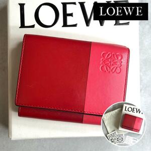 ≫付属品完備≪ / LOEWE ロエベ バイカラートリフォールドウォレット 三つ折り財布 ミニ財布 カーフスキン バイカラー レッド ピンク