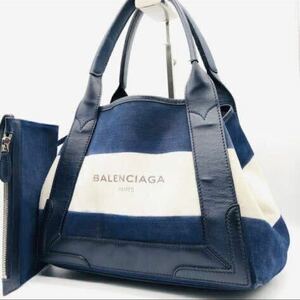 BALENCIAGA バレンシアガ ネイビーカバスS ハンドバッグ　トートレザー　ロゴポーチ　ネイビースモール　339933