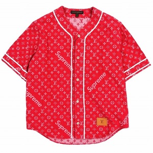 美品 17AW ルイヴィトン シュプリーム LV Jacquard Denim Baseball Jersey デニム ベースボール シャツ ロゴ XL 赤 レッド HDD92WDUB a34