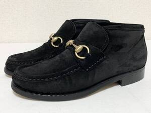 美品 グッチ GUCCI 1040154 ゴールド金具 スエード レザー ホースビット ハイカット ローファー ショート ブーツ 革靴 35 レディース 黒 