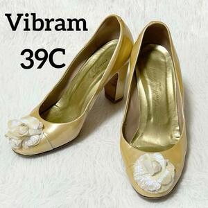 【Vibram】ビブラム パンプス (39C) 花 イタリア製 カーキ ラメ