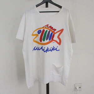 F484 90sビンテージ ワイキキプリント 半袖Tシャツ■1990年代製 約XLサイズ レディース ホワイト 白 魚 アート アメカジ ストリート 古着