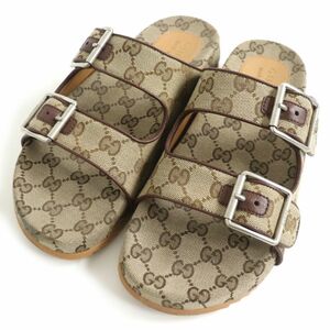 美品□GUCCI/グッチ 658020 GGキャンバス ストラップ付き レザーパイピング スライドサンダル/フラットサンダル ベージュ 6 イタリア製