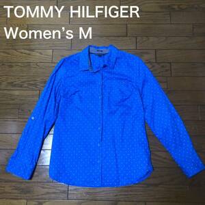 【送料無料】TOMMY HILFIGER長袖シャツ 青白ドット柄　レディースMサイズ　トミーヒルフィガー水玉