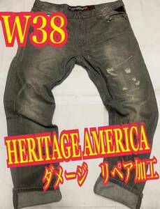 HERITAGE AMERICA デニムパンツ　ジーンズ　ダメージ　リペア加工　W38