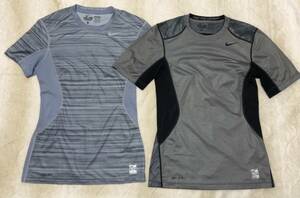 ☆NIKE PRO COMBAT☆ナイキ プロ FITTED 半袖 Tシャツ 2枚 S グレー系 メッシュ ストレッチ コンプレッション トレーニング 624996/617346