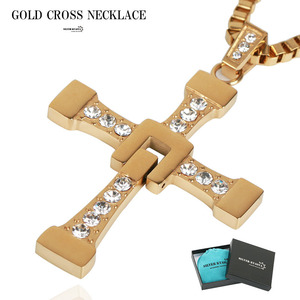 ゴールド クロスネックレス ジルコニア 金 ペンダント 十字架 中折 ネックレス メンズ 長め 60cm B系 ボックス付属