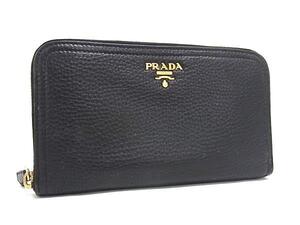 1円 ■美品■ PRADA プラダ レザー ラウンドファスナー 長財布 ウォレット 札入れ 小銭入れ カード入れ ブラック系 FE5878