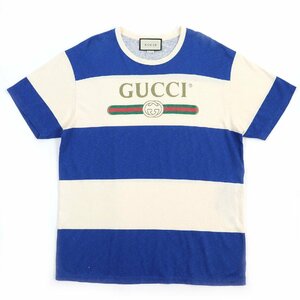 美品△GUCCI グッチ 604176 コットン ヘンプ ヴィンテージロゴ ボーダー柄 半袖Ｔシャツ ブルー ライトベージュ L 伊製 正規品 メンズ