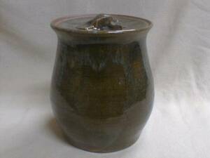 落款　角形　鮮やか深緑釉　水指　16x14cm　1.5kg　陶器製茶道具