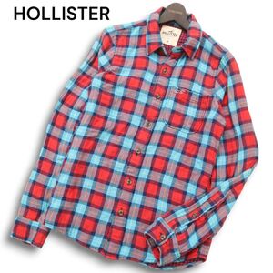 HOLLISTER ホリスター 通年 ロゴ刺繍★ Wガーゼ 長袖 チェック シャツ Sz.M　メンズ 赤　C4T08901_A#C