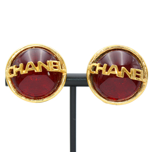 ★T1223 超美品!! シャネル ロゴ グリポワ カラーストーン ラウンド イヤリング 95A レッド CHANEL ヴィンテージ レディース★