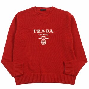 美品●PRADA プラダ 2020年製 UMB223 ウール カシミヤ ロゴインターシャ クルーネック ニット セーター レッド 52 伊製 正規品 メンズ