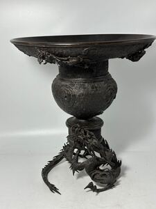 時代 精銅 雷紋 細密彫刻龍 薄端 龍巻 花器 高さ34.5cm 銅製 無銘 花瓶 花入 花生 中国古玩 唐物 茶道具 華道具 