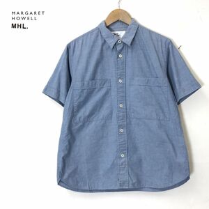 G2058-D◆良品◆ MHL. マーガレットハウエル 半袖シャツ シャンブレー 身幅広め ◆ sizeM ブルー系 コットン100