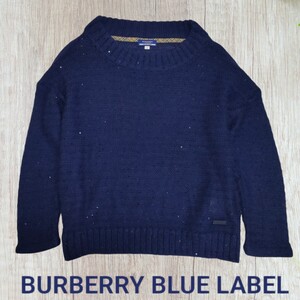 【希少】BURBERRY BLUE LABEL /バーバリー レディース ラウンドネック ニットセーター 38サイズ ネイビー スパンコール付 I-4776